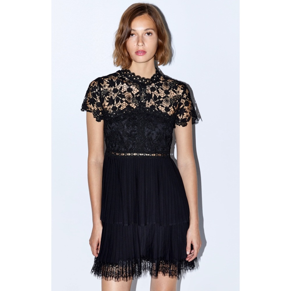 NWOT Zara Black Lace Pleated Layer Skirt Dress Party